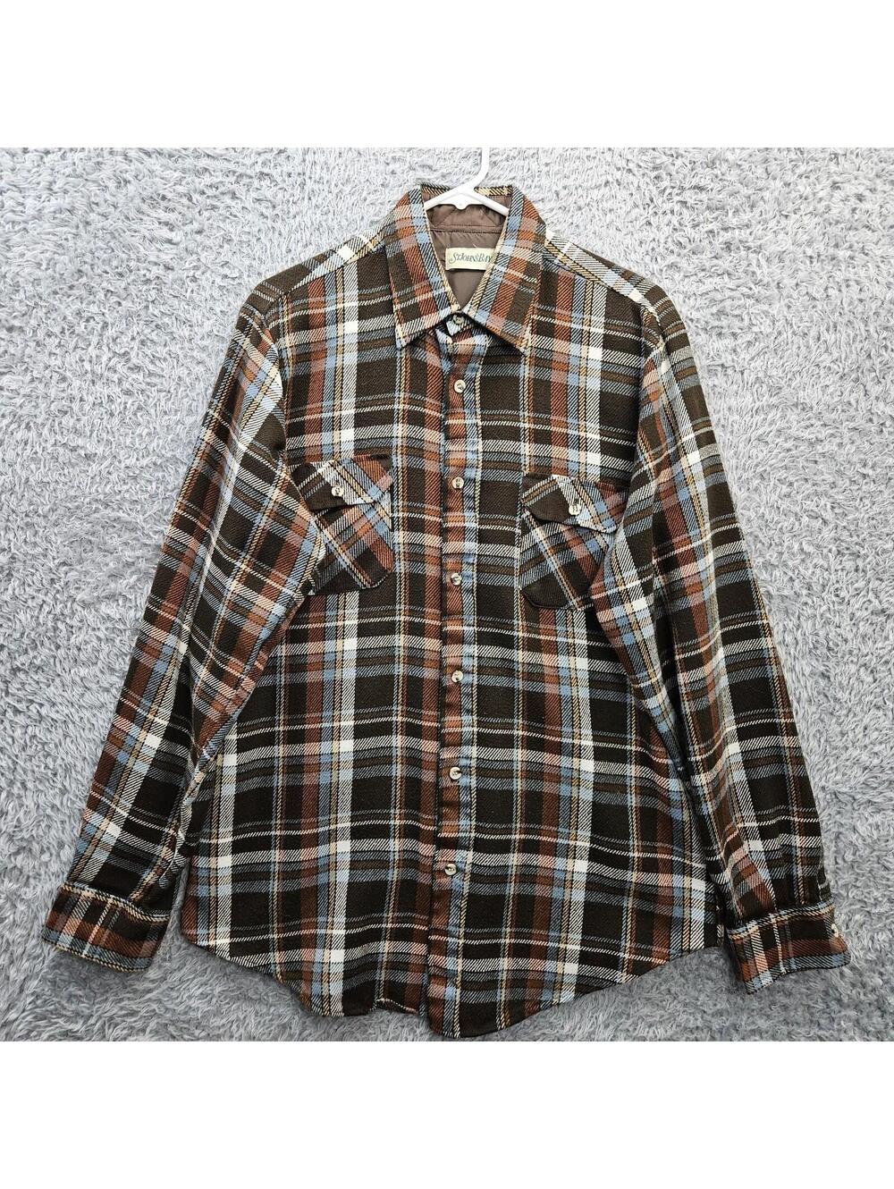 Vintage 1970s ST. John's Bay Flannel Shirt Brown Acrylic Collar Stays L Tall